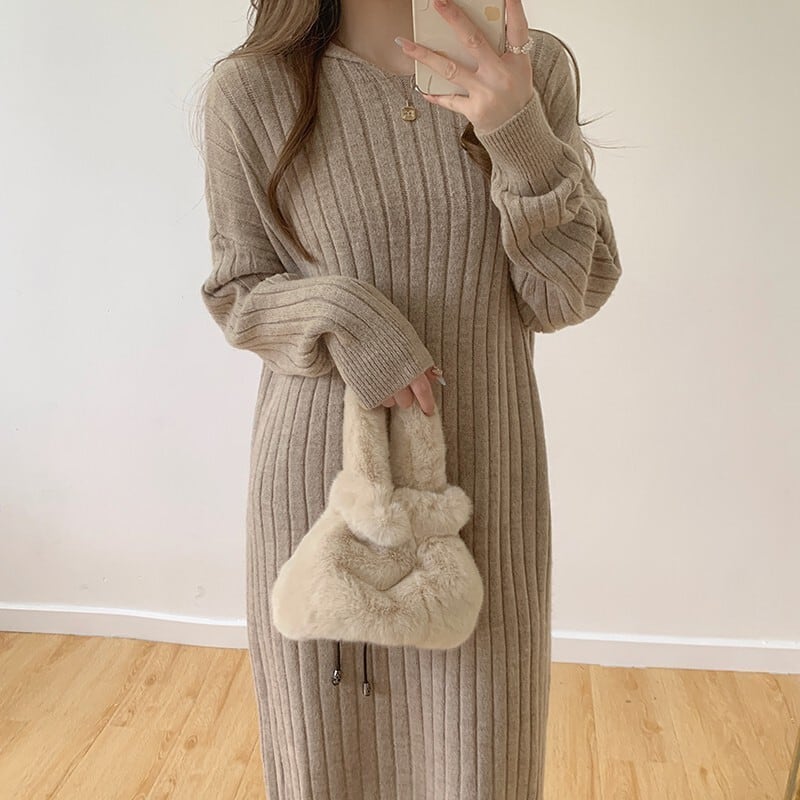 【dress】韓国系シンプルフード付きニットワンピース　M17494