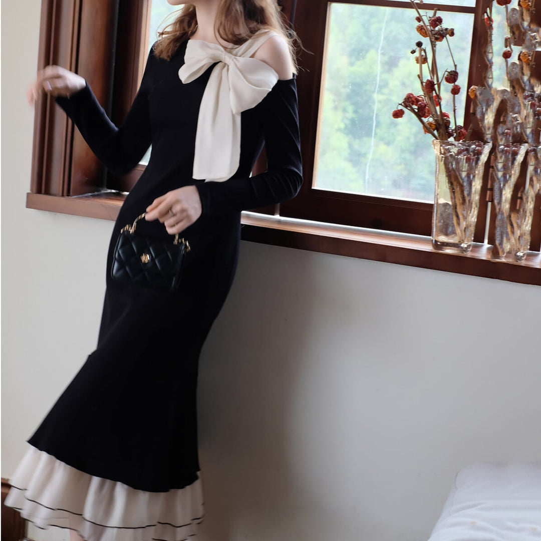 【dress】ショルダーリボンアシンメマーメイドワンピース　N2744