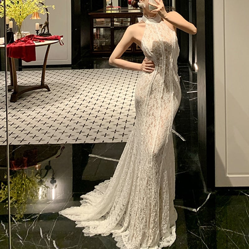 【dress】ホルターネックレースワンピース Q7582