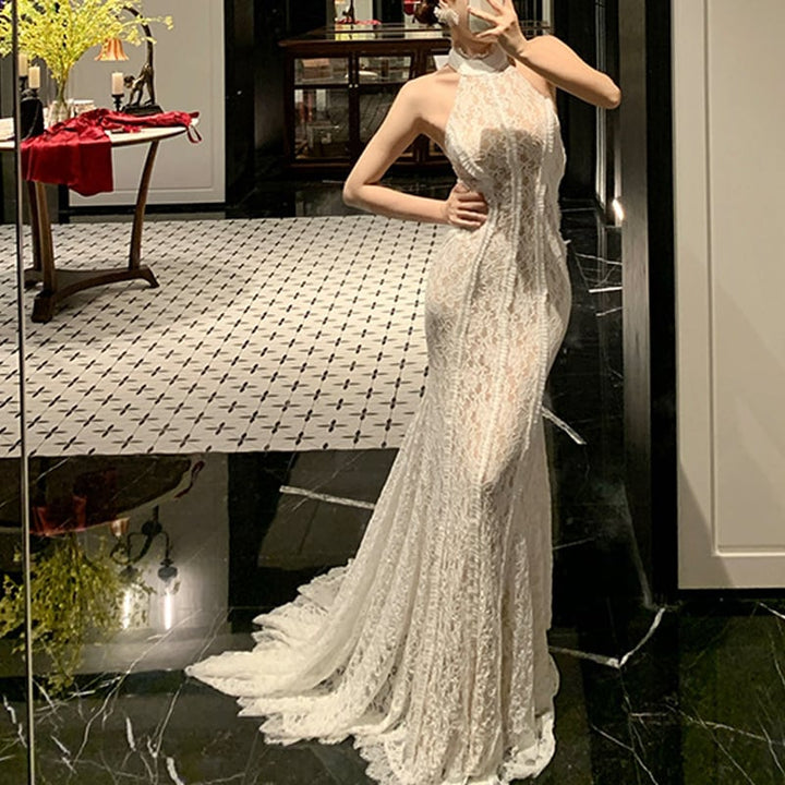 【dress】ホルターネックレースワンピース Q7582