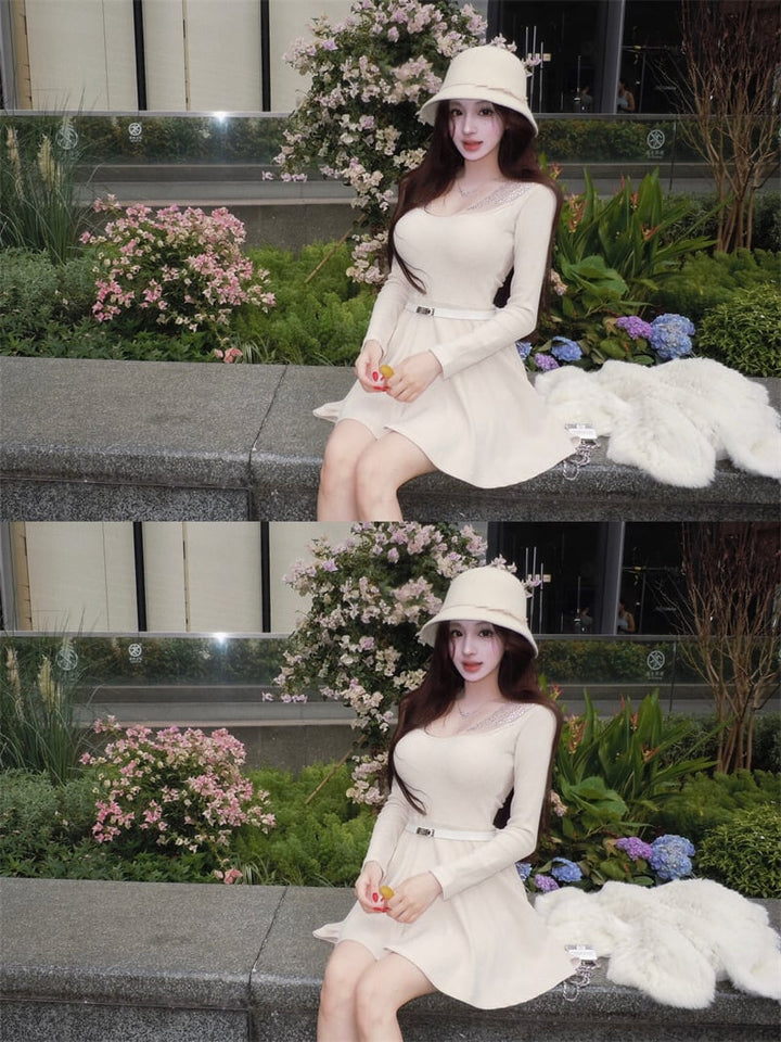 【dress】ラインストーンチュールニットミニワンピース　N3508