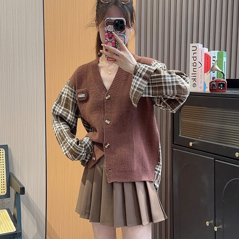 【outer】チェック柄ドッキングニットカーデ　M18045