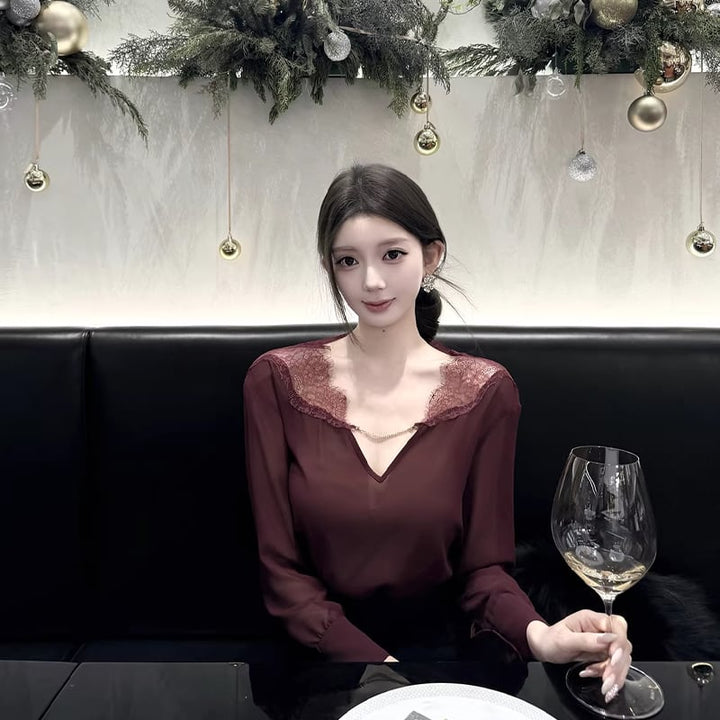 【tops】レースドッキングシフォンシャツ Q8001