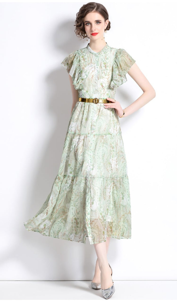 【dress】女性力を高める～フリルプリントワンピース　M16944