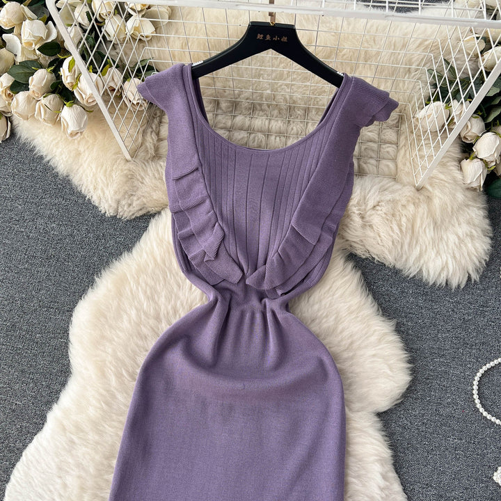 【dress】おしゃれ！フリル薄手ニットワンピース着瘦せ　M16865