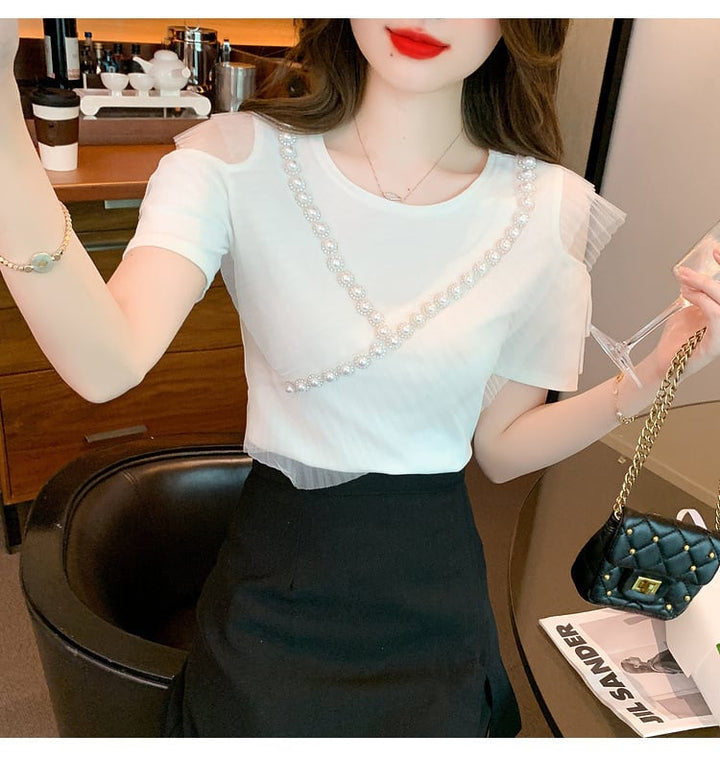 【tops】好感度UP 切り替えオフショルダーTシャツトップス　M16841