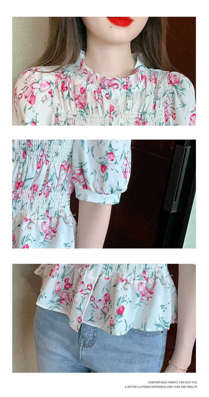 【tops】美人度アップスウィートパフスリーブ花柄トップス　M17339