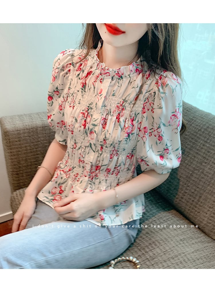 【tops】美人度アップスウィートパフスリーブ花柄トップス　M17339
