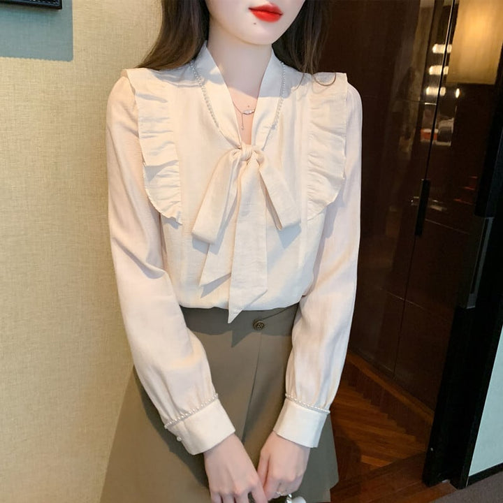 【tops】美人度アップリボン付きシャツトップス超人気　M17338