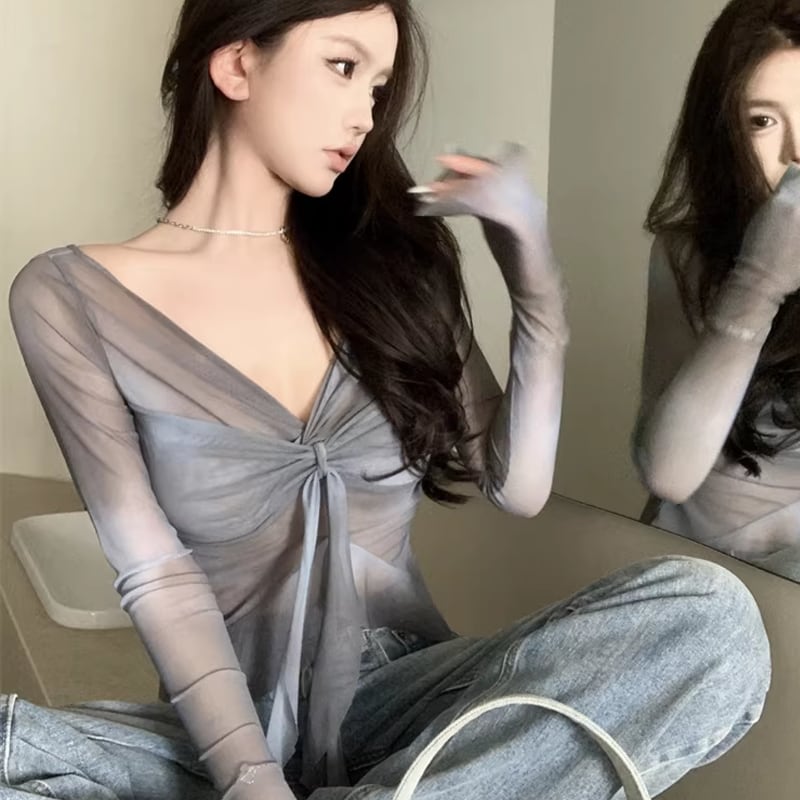 【tops】透け感チュールトップス Q8301