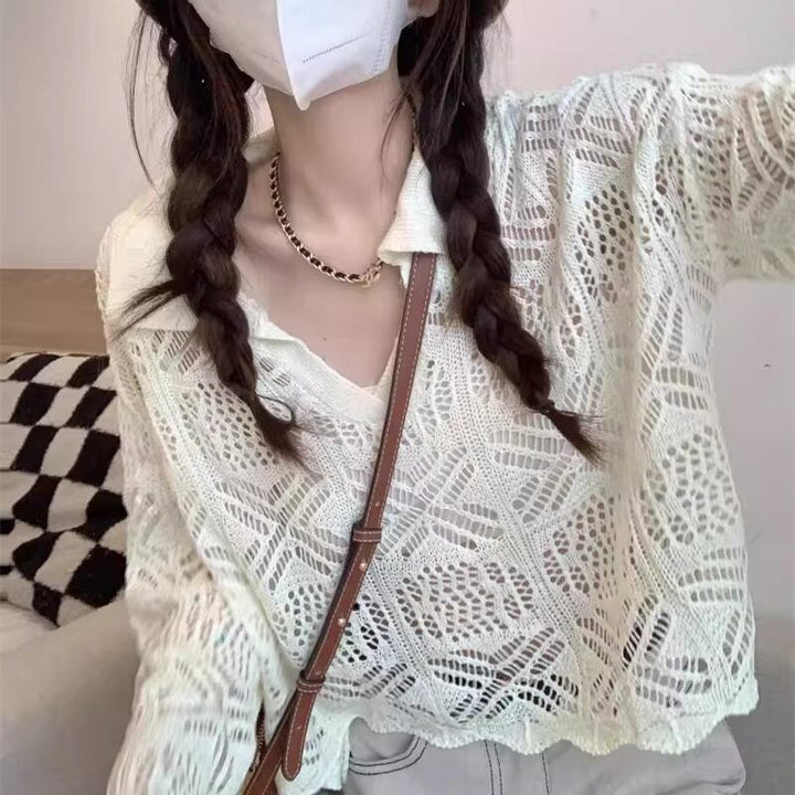 【tops】ベルスリーブ透かしニットトップス Q8308