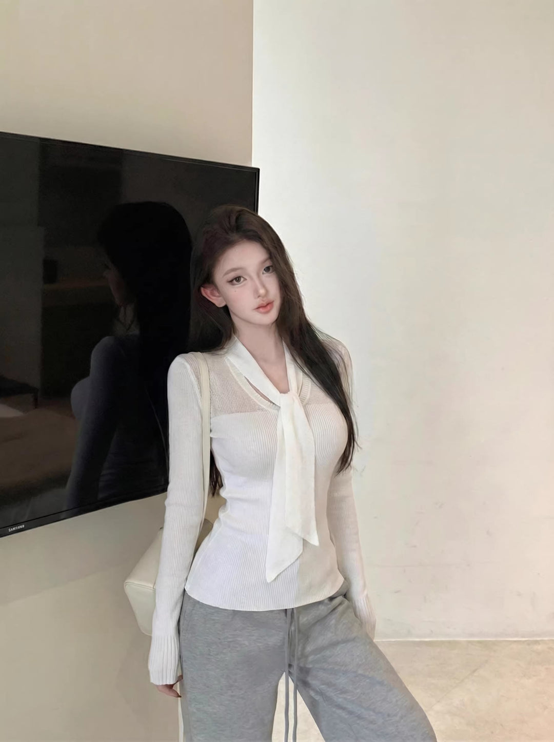 【tops】スカーフネックニットトップス Q8044