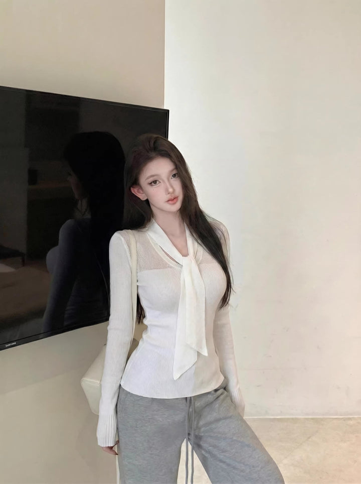【tops】スカーフネックニットトップス Q8044