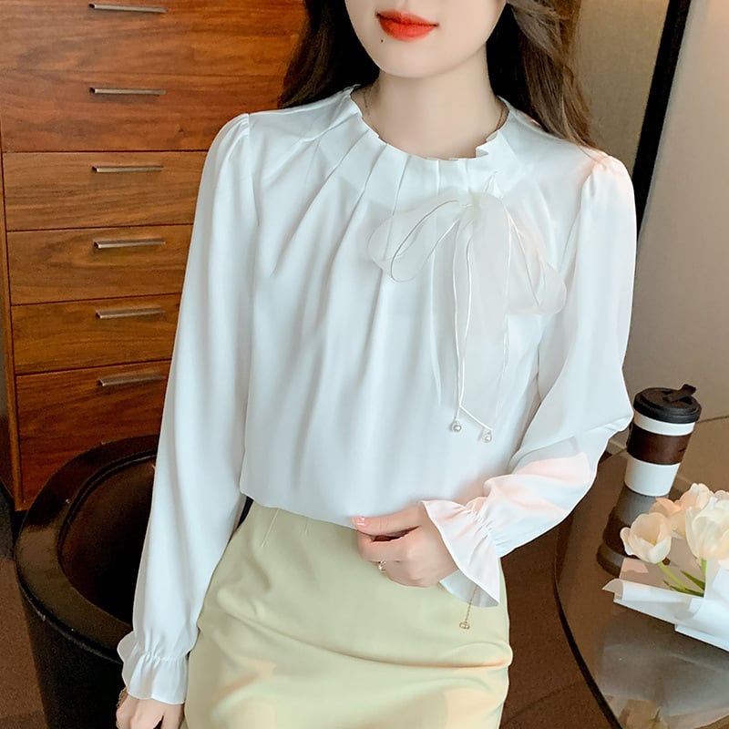 【tops】今季マストバイエレガントリボン付きシャツトップス　M16787