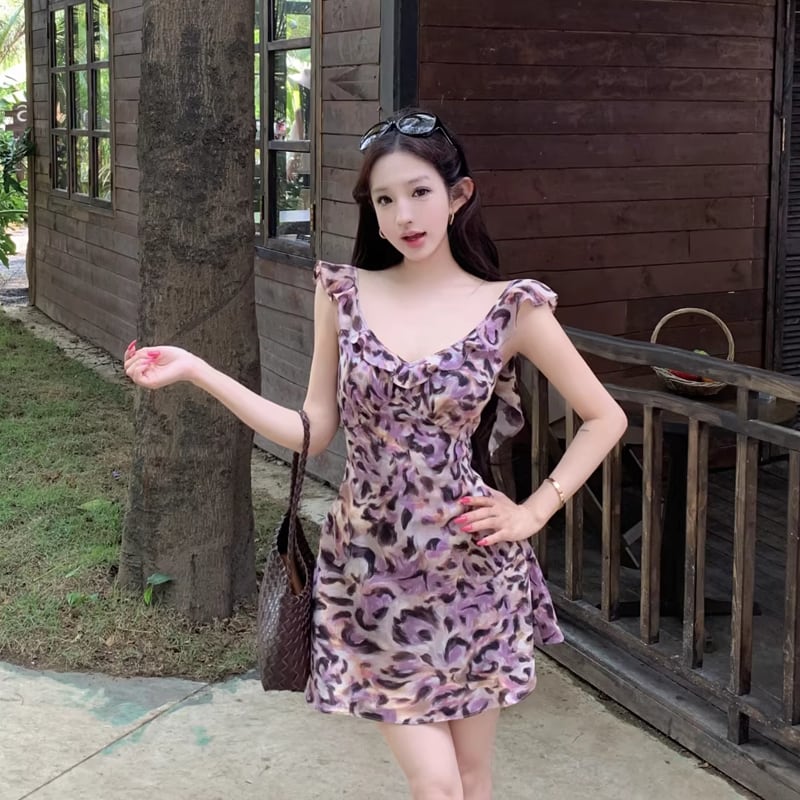 【dress】ヒョウ柄フリルキャミワンピース Q8449
