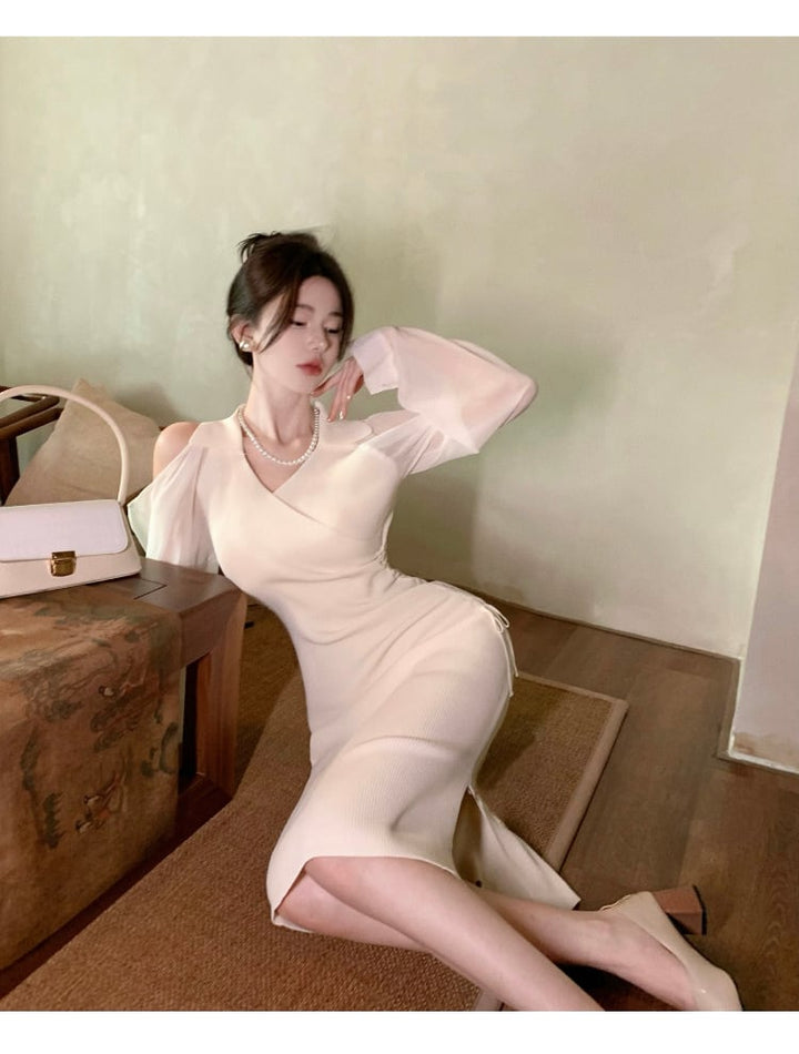 【dress】女性力を高める～オフショルダーニットワンピース　M17054