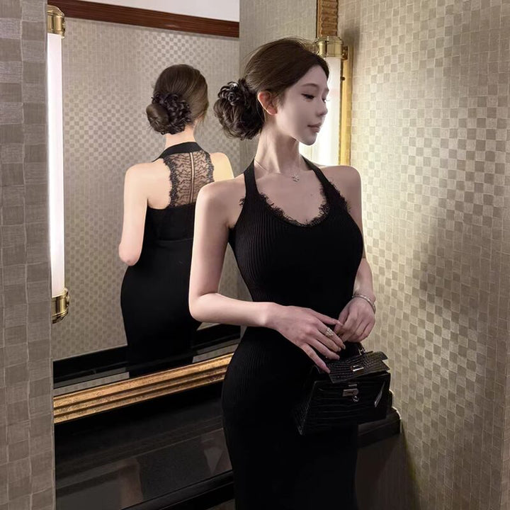 【dress】レースドッキングロングニットワンピース Q8002