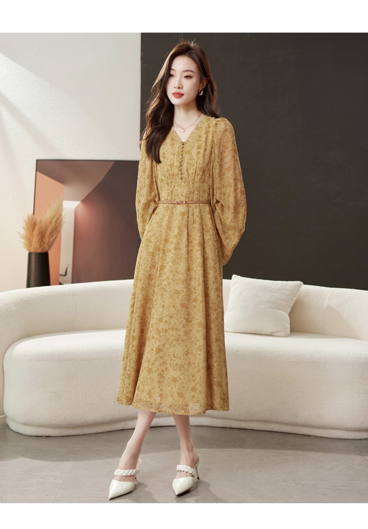 【dress】輝いて超人気 ! Vネック花柄ワンピースベルト付き　M17029