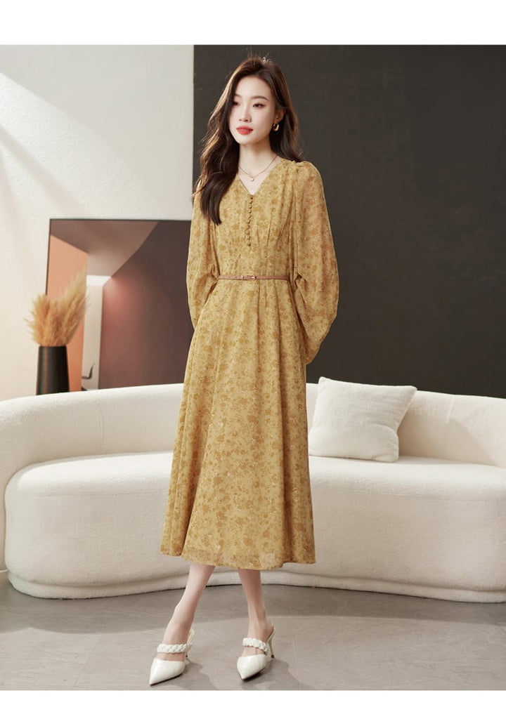 【dress】輝いて超人気 ! Vネック花柄ワンピースベルト付き　M17029