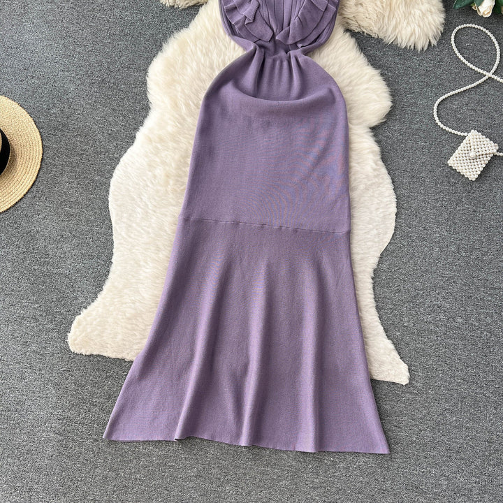 【dress】おしゃれ！フリル薄手ニットワンピース着瘦せ　M16865