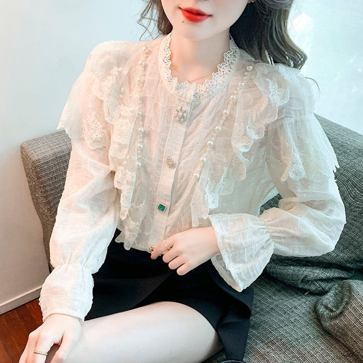 【tops】エレガントレース切り替えシャツトップス　M17378