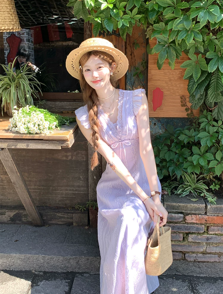 【dress】レースドッキングフラッタースリーブロングワンピース Q8531