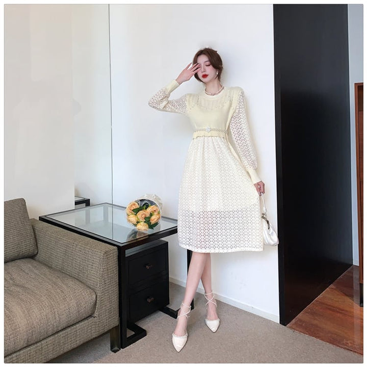 【dress】レースドッキングニットワンピース　M18431