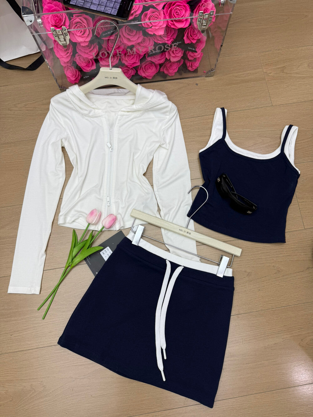 【set】UVカットパーカー×キャミソール×ミニスカート3ピース　N3594