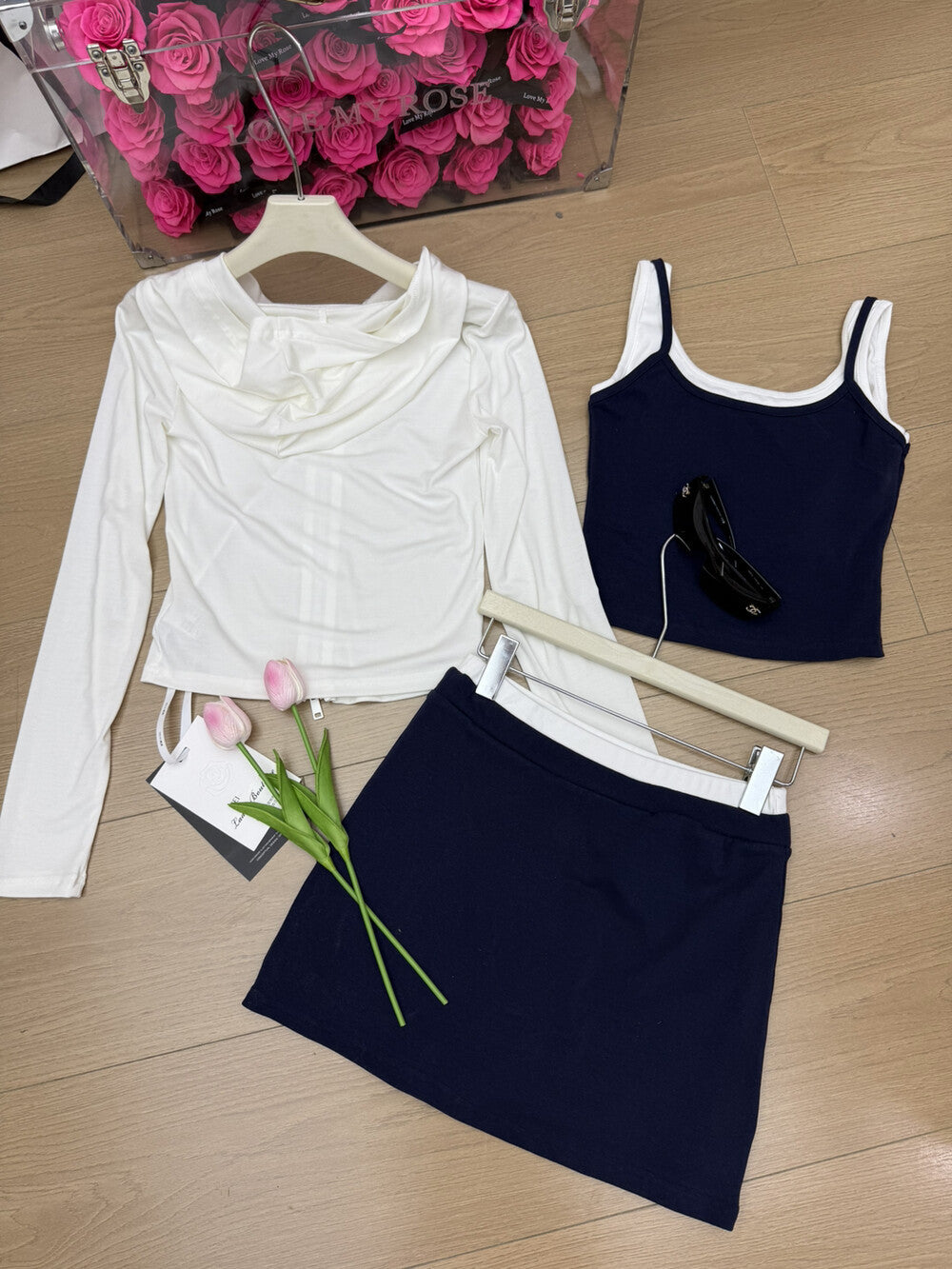 【set】UVカットパーカー×キャミソール×ミニスカート3ピース　N3594