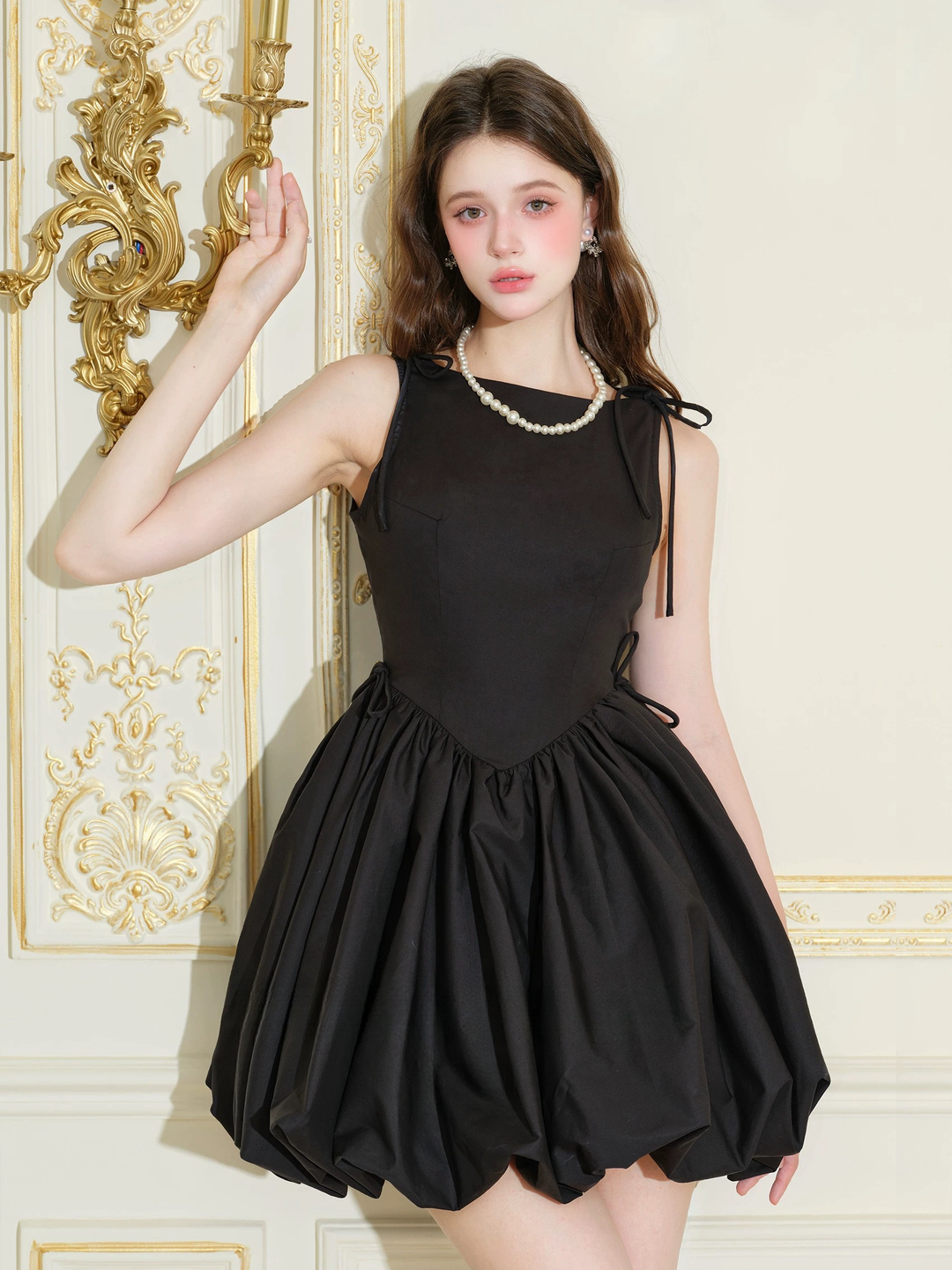 【dress】ショルダーリボンバルーンミニワンピース　N3599