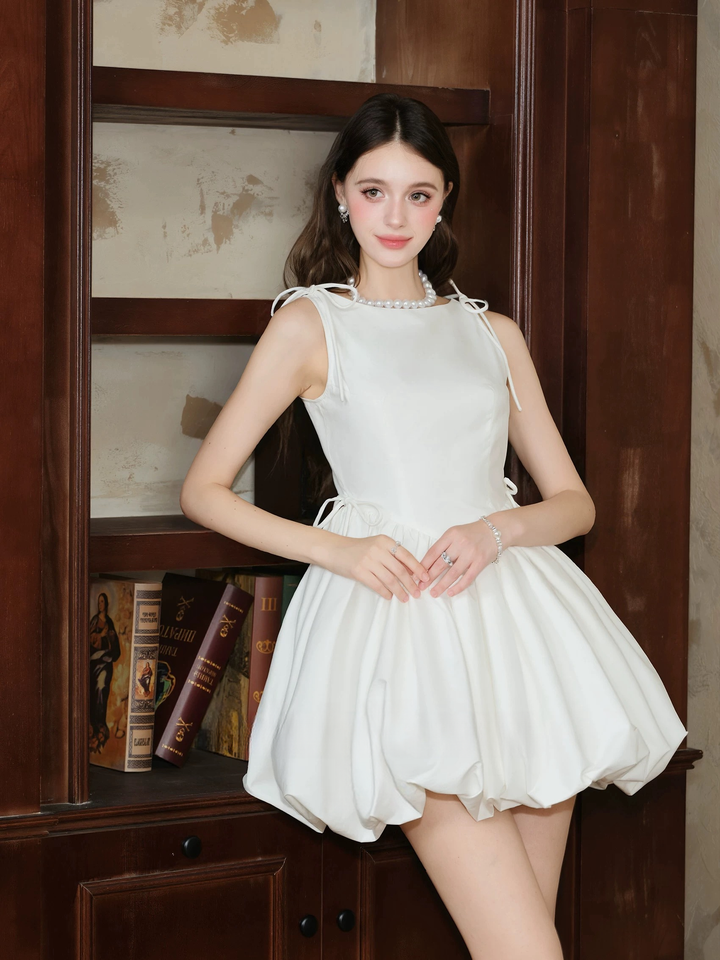 【dress】ショルダーリボンバルーンミニワンピース　N3599