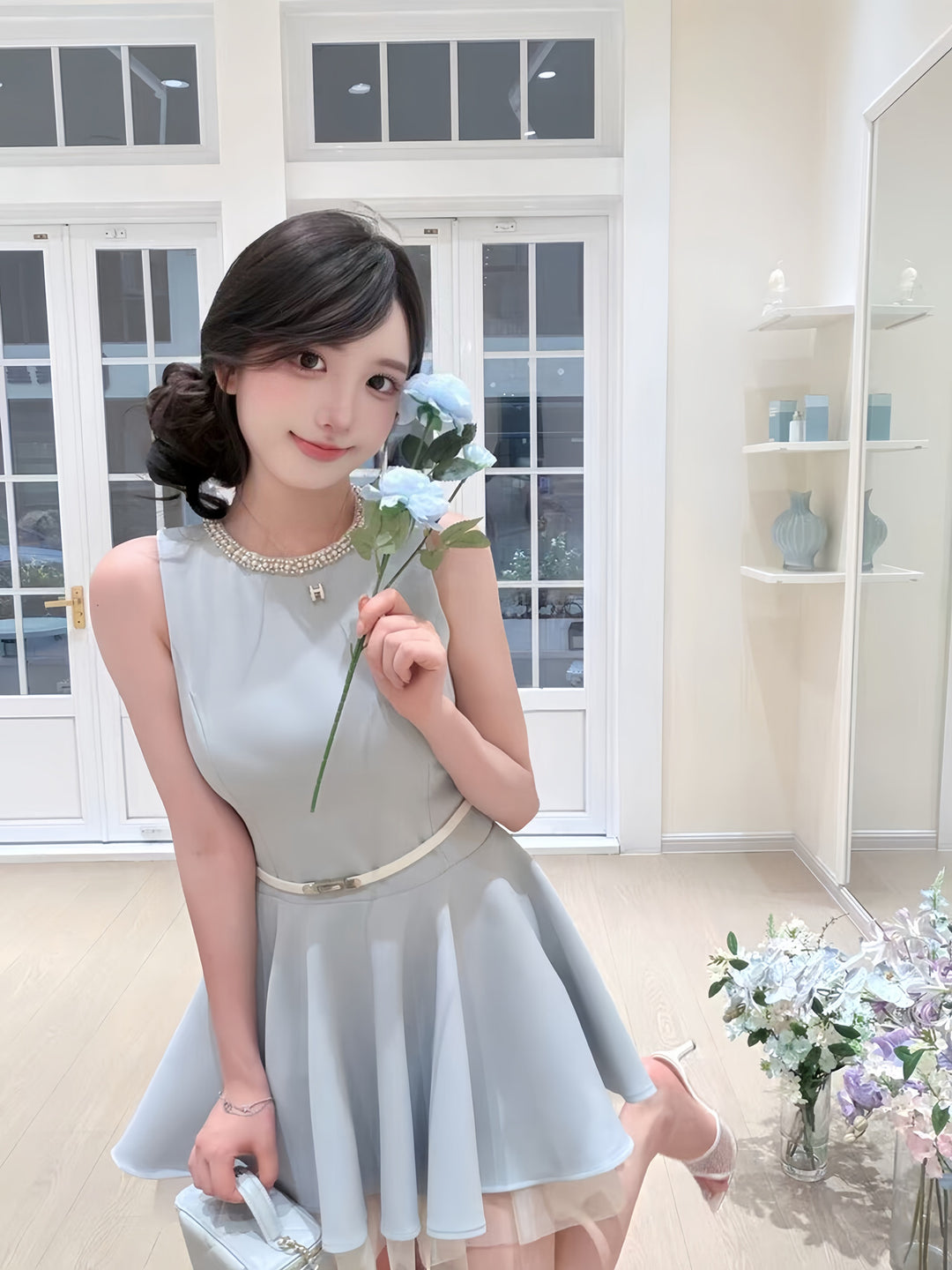 【dress】パールチュールドッキングミニワンピース　N3601