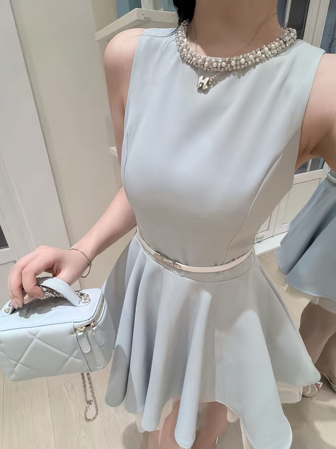 【dress】パールチュールドッキングミニワンピース　N3601