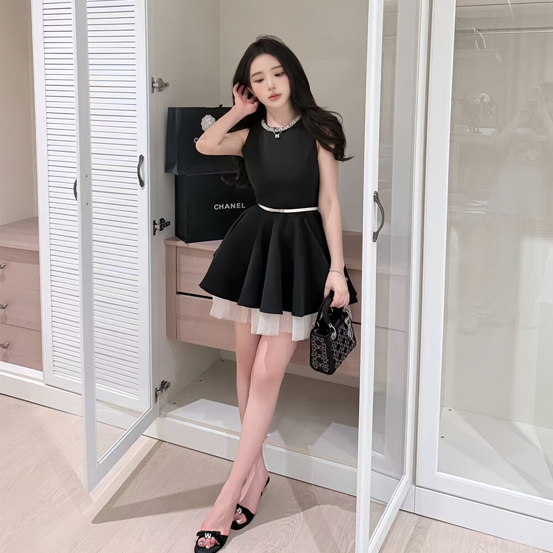 【dress】パールチュールドッキングミニワンピース　N3601
