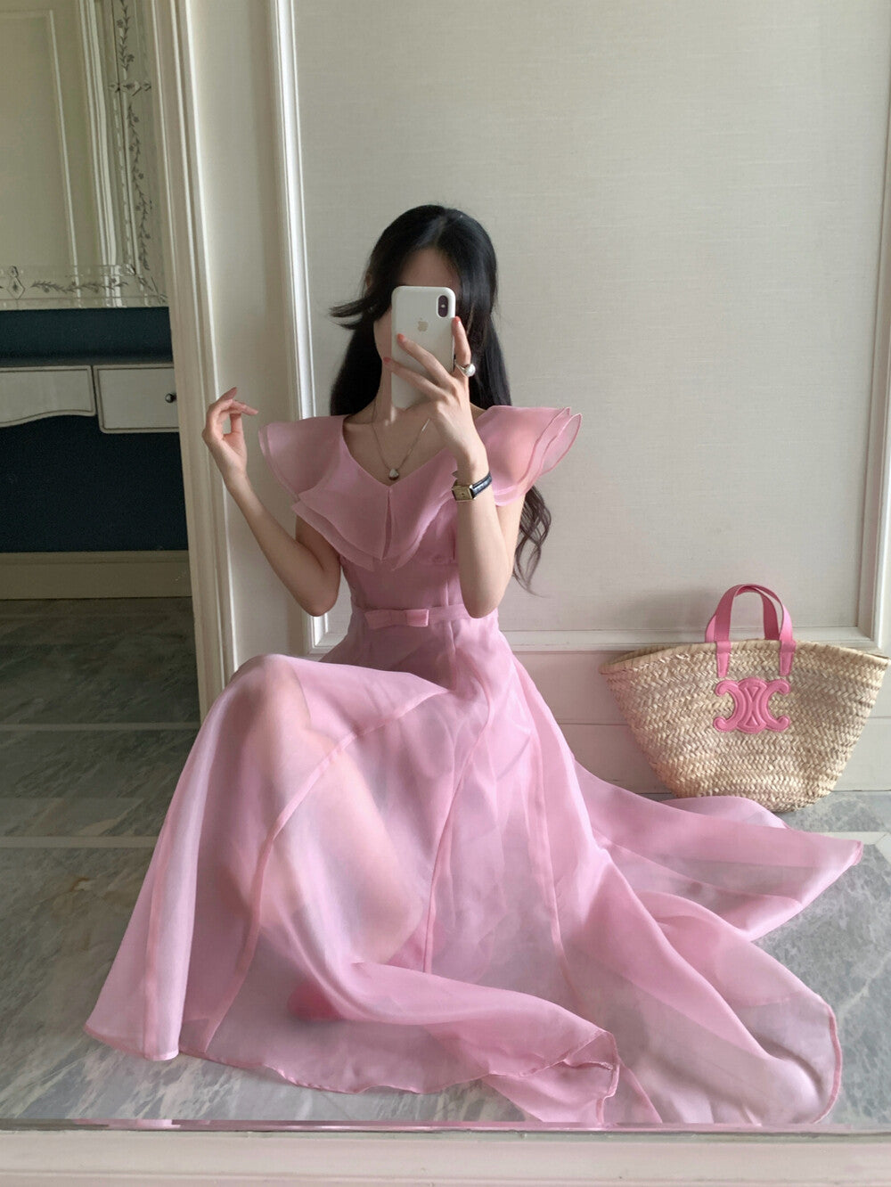 【dress】フリルウエストリボンロングワンピース　N3602