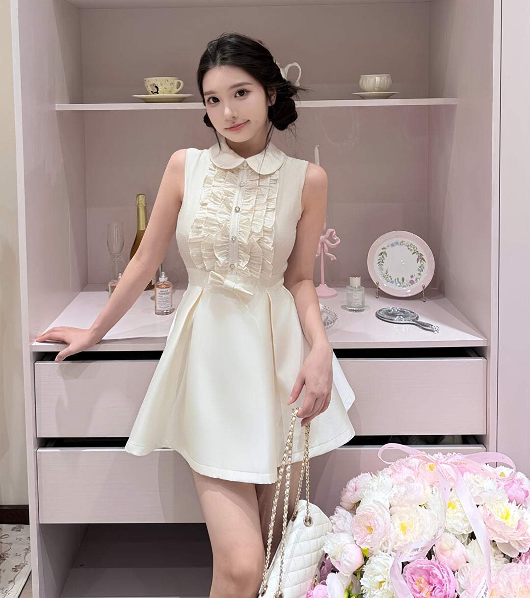 【dress】フリルノースリーブミニワンピース　N3605
