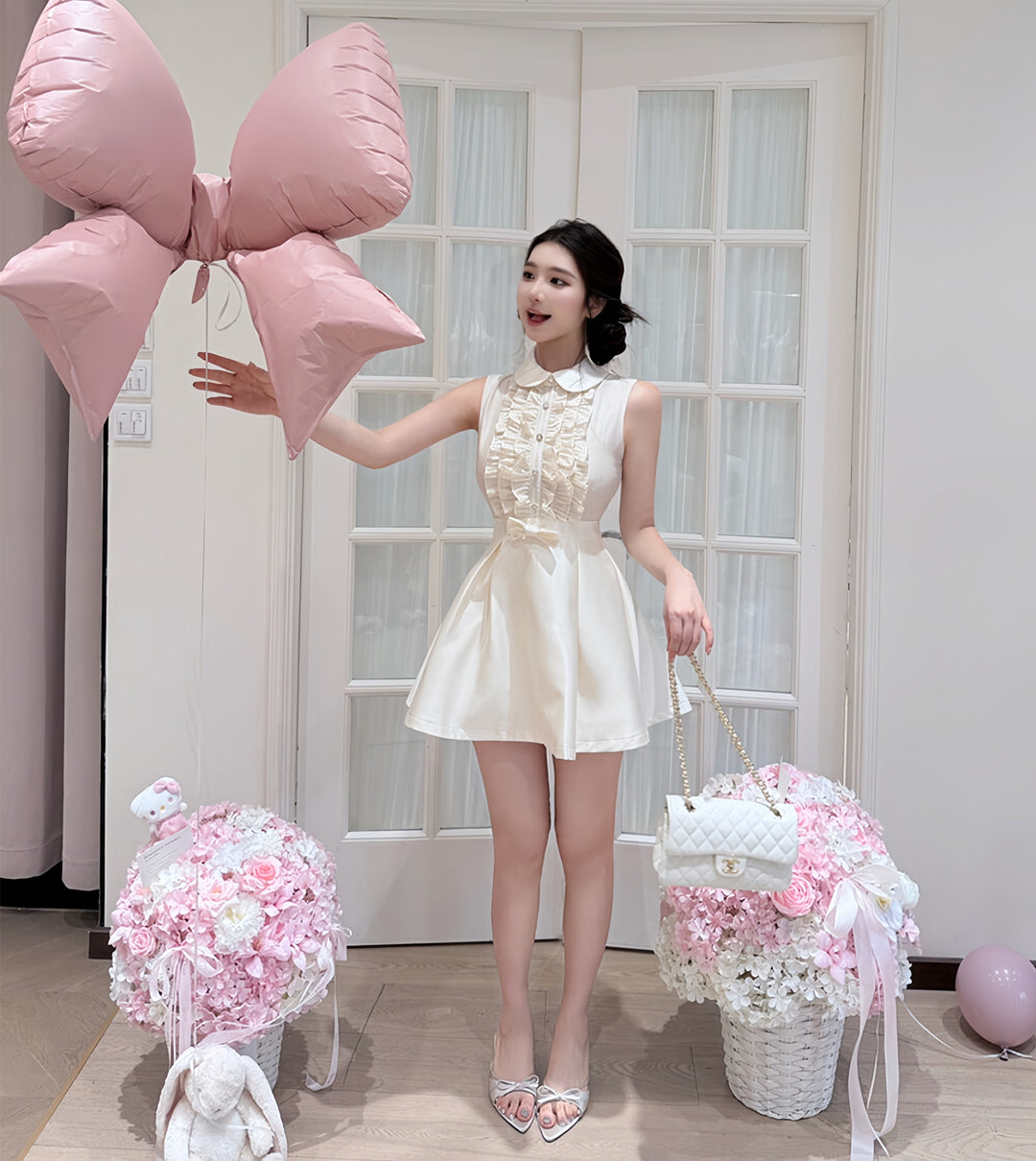【dress】フリルノースリーブミニワンピース　N3605