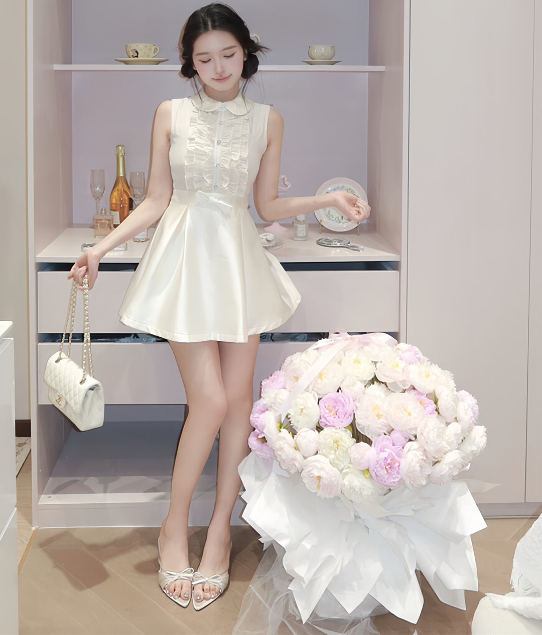 【dress】フリルノースリーブミニワンピース　N3605
