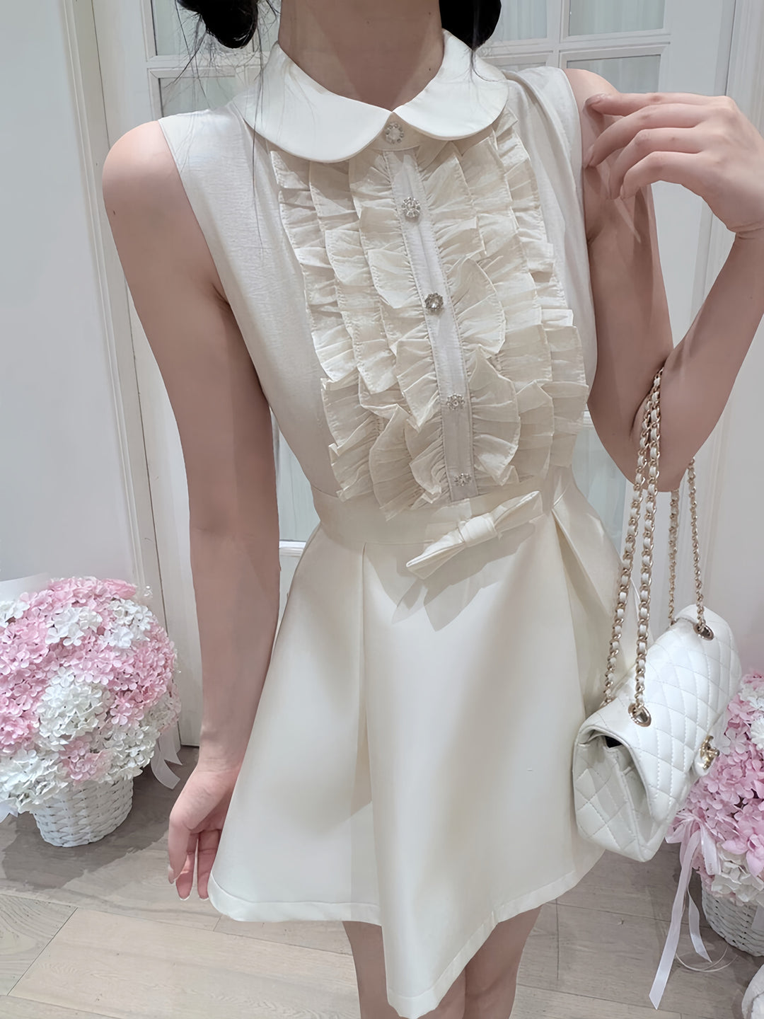 【dress】フリルノースリーブミニワンピース　N3605