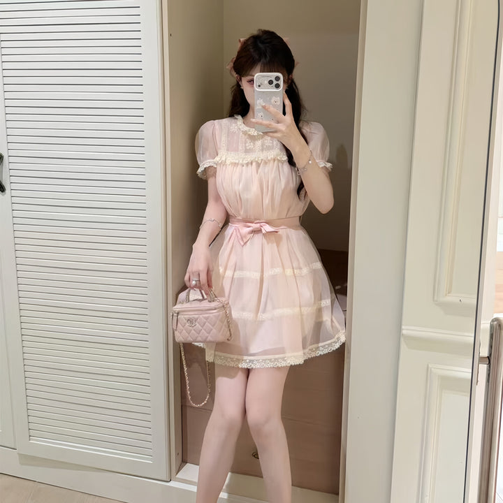 【dress】リボンレースドッキングミニワンピース　N3606