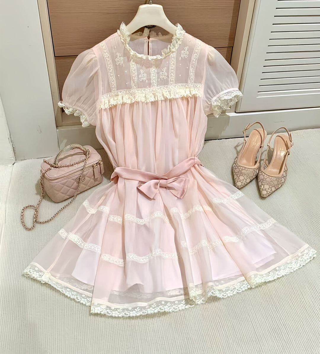【dress】リボンレースドッキングミニワンピース　N3606