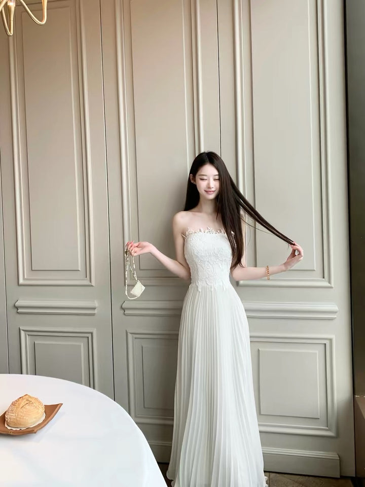 【dress】レースドッキングプリーツロングワンピース　K0562
