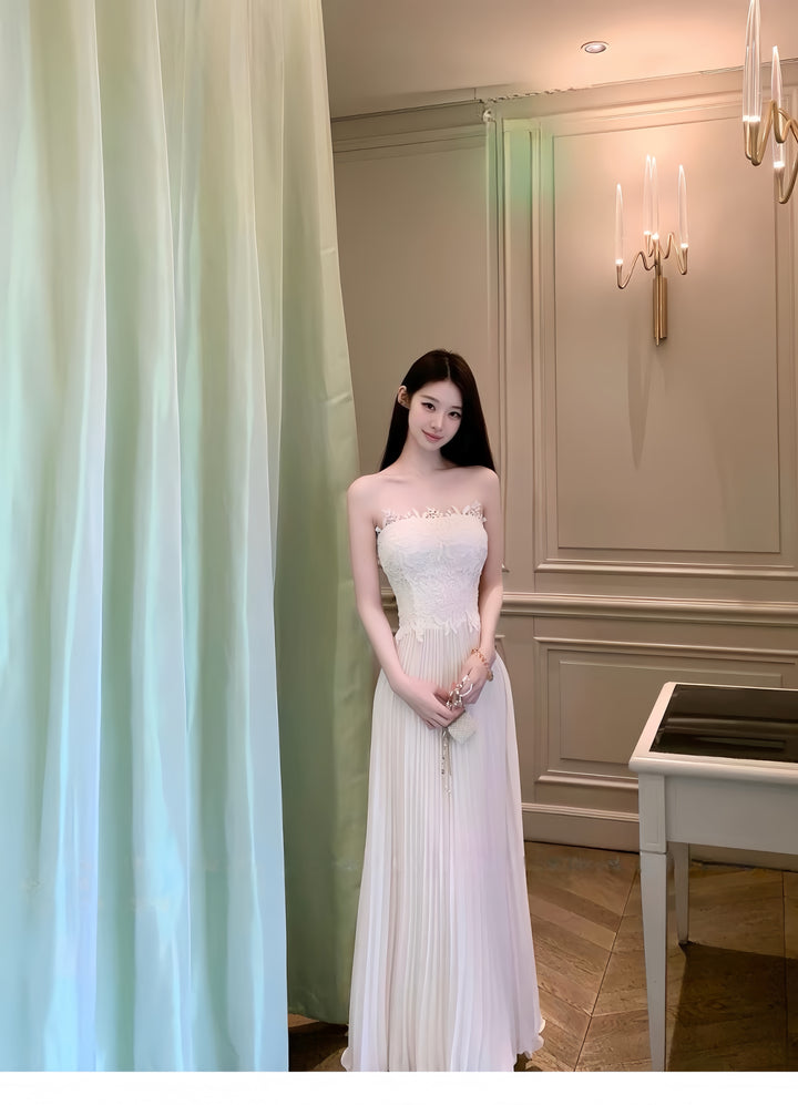 【dress】レースドッキングプリーツロングワンピース　K0562