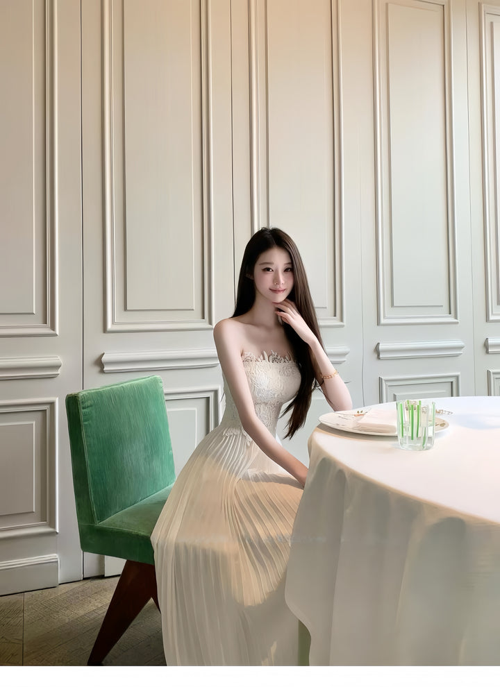 【dress】レースドッキングプリーツロングワンピース　K0562