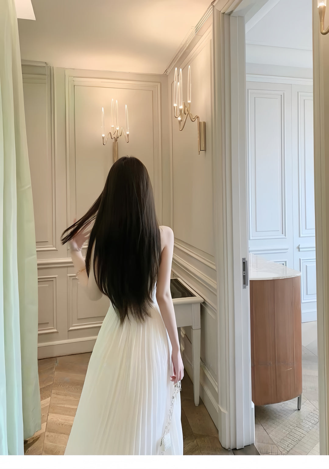 【dress】レースドッキングプリーツロングワンピース　K0562