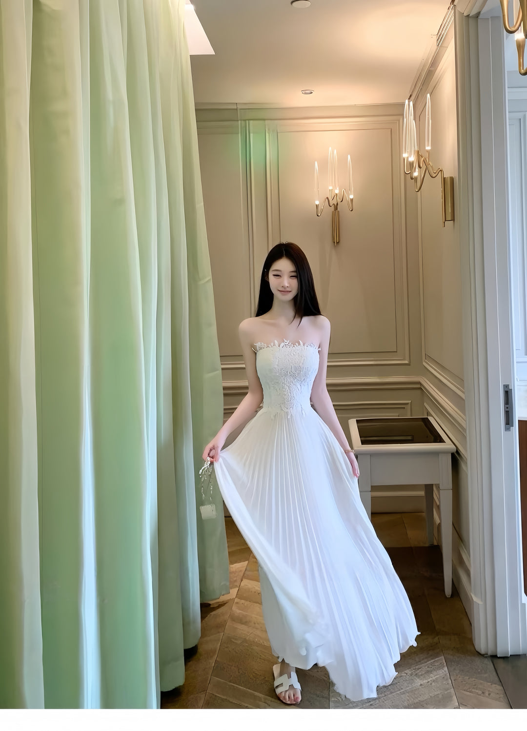 【dress】レースドッキングプリーツロングワンピース　K0562