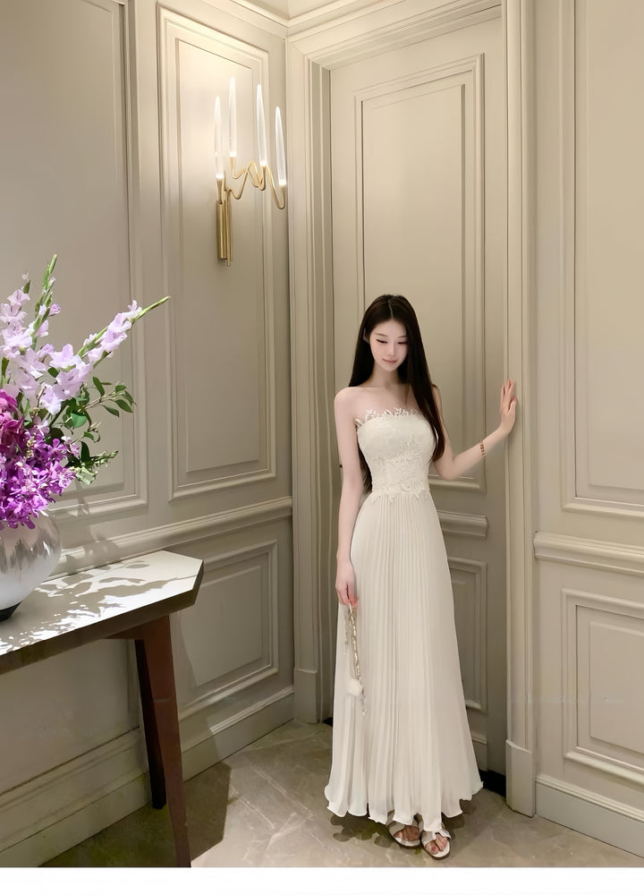 【dress】レースドッキングプリーツロングワンピース　K0562