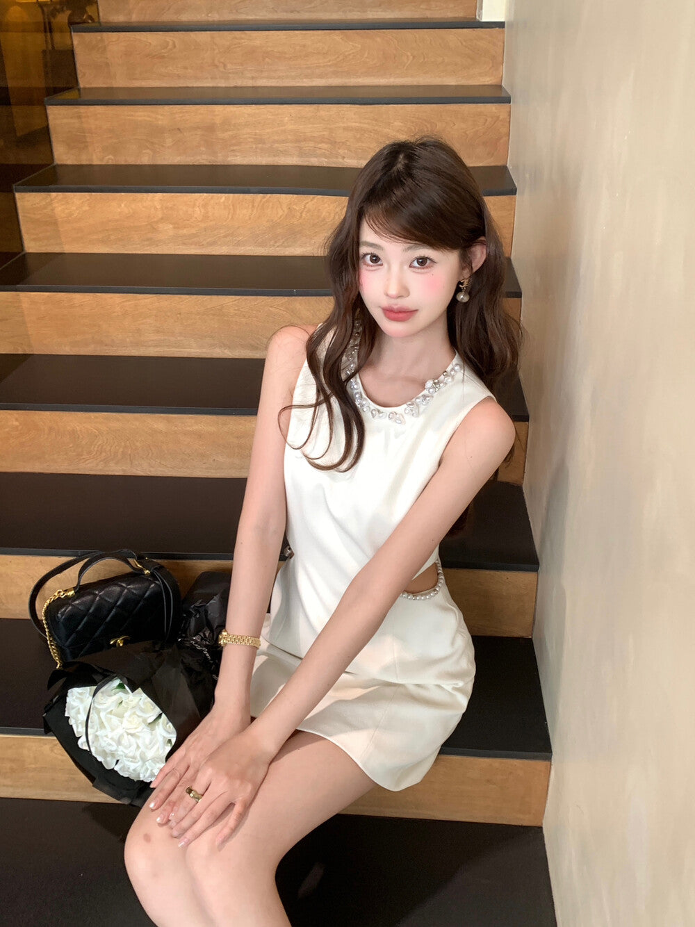 【dress】サイドカットパール付きミニワンピース　N3610