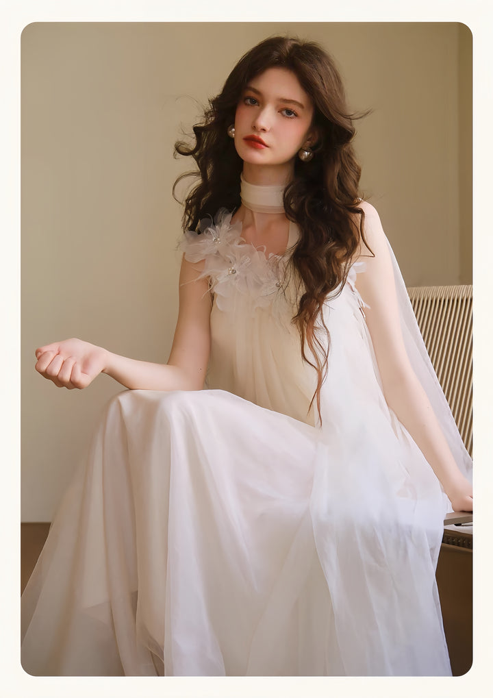 【dress】立体フラワーパールストラップチュールワンピース　K0564
