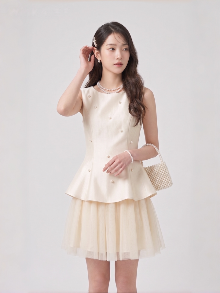 【dress】パール付きチュールドッキングミニワンピース　N3612